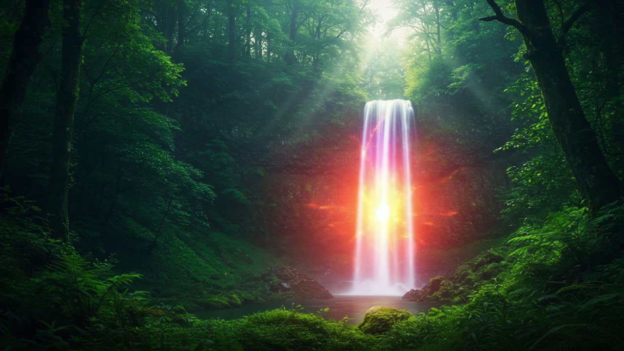 Breathtaking Waterfall Cascading Through Lush Forest, Illuminated by Magical Light in a Serene Natural Setting, Capturing the Essence of Tranquility and Beauty