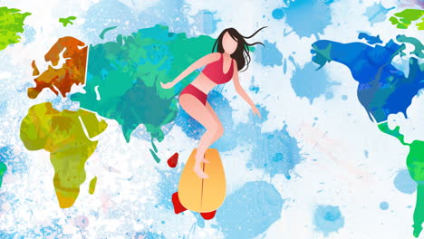 animation of cartoon woman surfboarding over world map on white background with blue stains