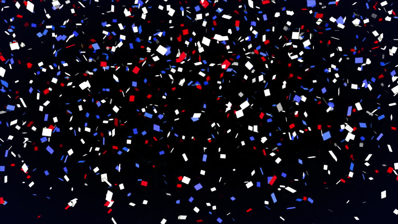 파란색, 빨간색,  ⁇ 색의 콘페티가 검은색 배경 위에 움직이는 애니메이션