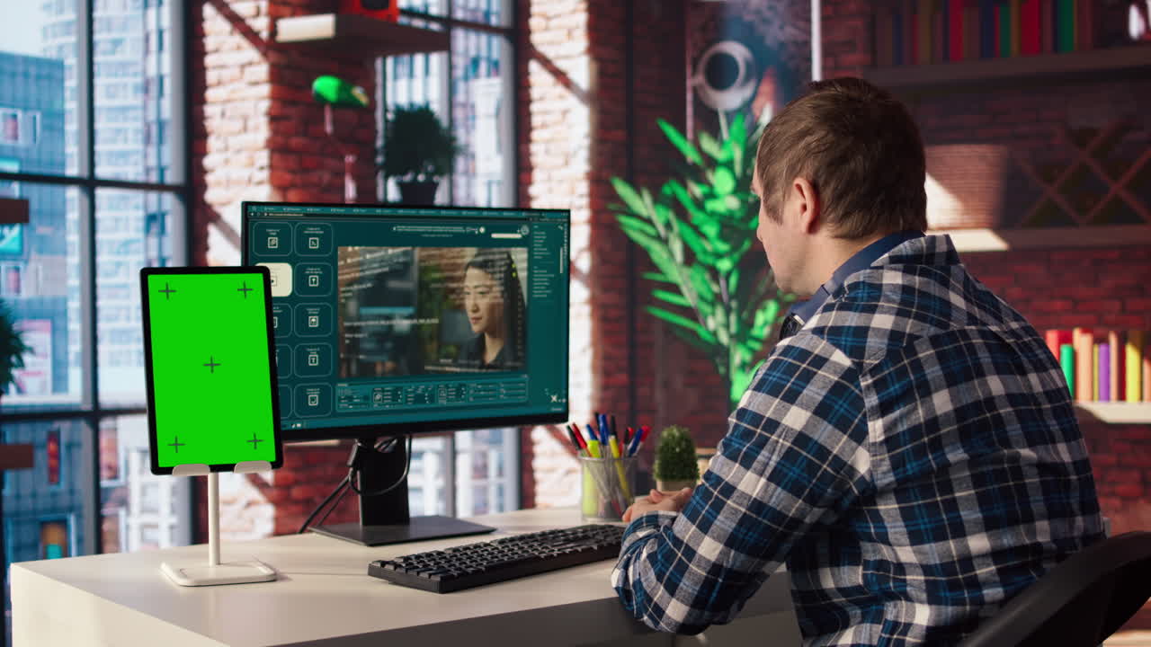 Man using text to video generative models on computer and chroma key tablet