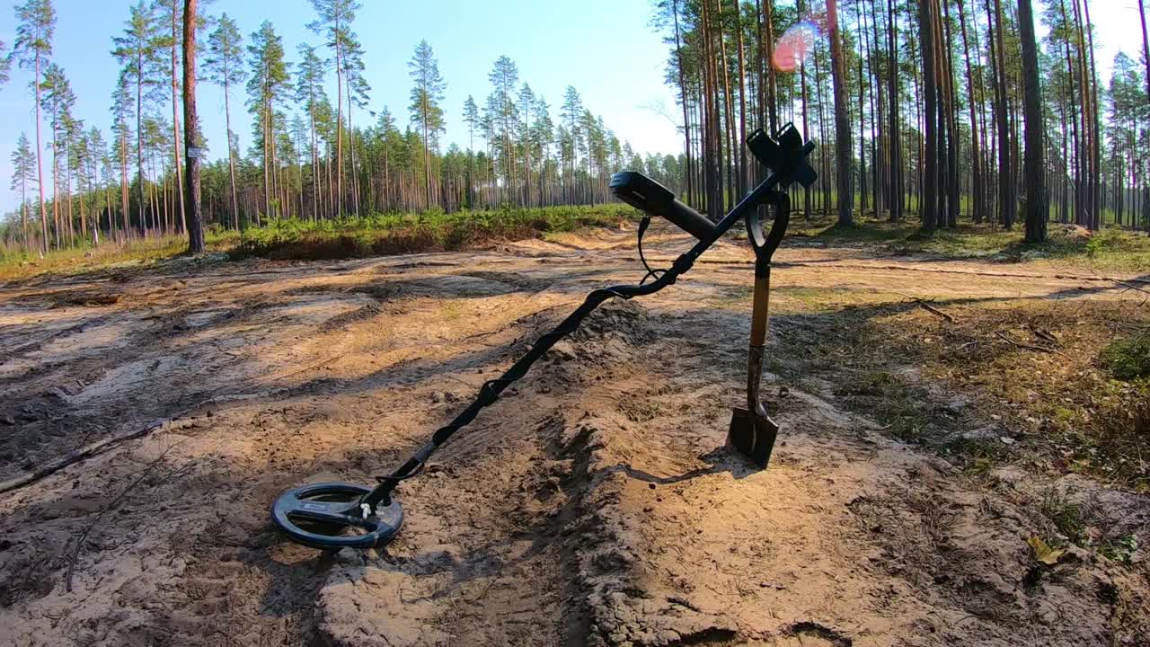 detector de metales en el bosque listo para mirar