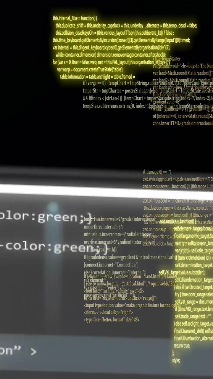 Video verticale: Rapida panoramica della telecamera che sposta pile di codice al neon e bit 1 e 0 che formano blocchi, mostrando il flusso di dati.