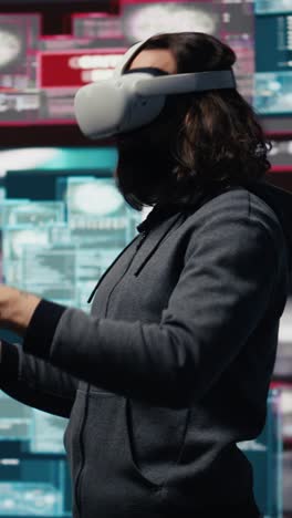 vertical video man uses virtual reality headset for system corruption and password cracking