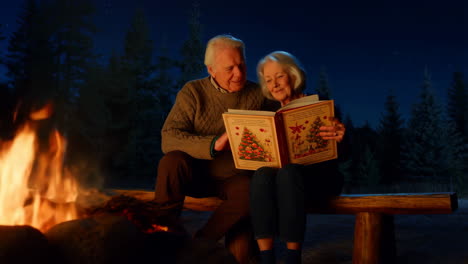 Elderly Couple Reading Christmas Story by Campfire