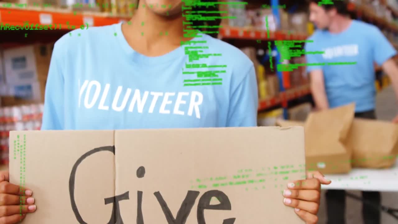 창고에서 일하는 다양한 사람들에 대한 데이터 처리의 애니메이션