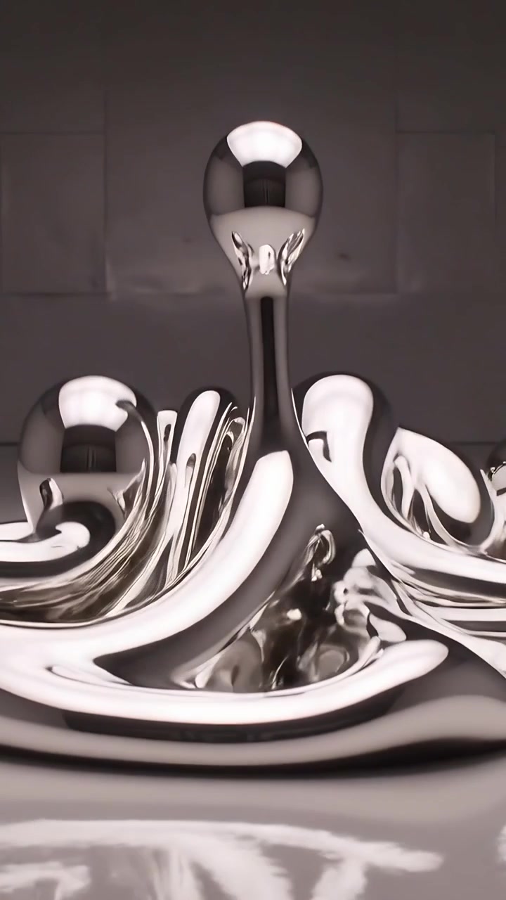 Vertical video: Rising center column reacting to impulse, shiny pool collapsing and settling on set