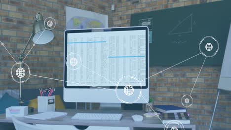 animation of network of conncetions with icons over computer with data processing on desk