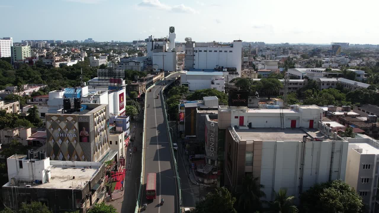 Drone shot of Usman road, t.nagar Chennai, India. Close-up shot of GRT building.