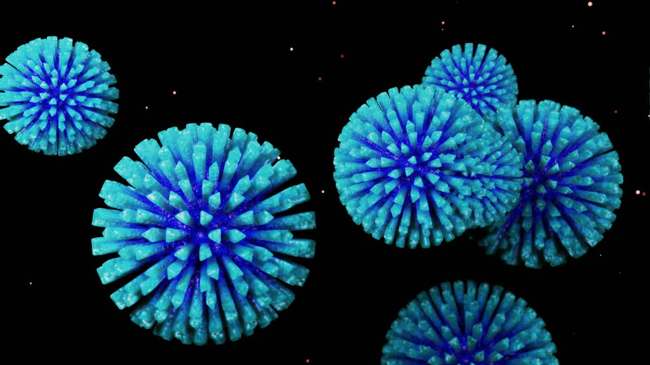 Primo piano di coronavirus tipo COVID-19, H1N1, influenza aviaria o suina che si muovono fluidamente in una rappresentazione 3D del virus come sfondo microscopico microbiologico in loop. Colore sfumato blu, bianco e viola.