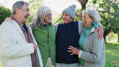 nature hug, talking and senior happy friends