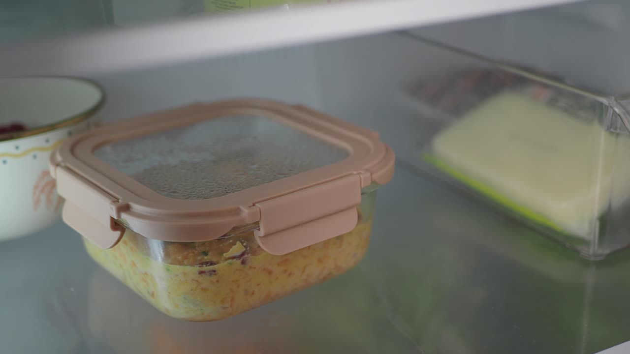 Hand die een voedselcontainer in de koelkast plaatst
