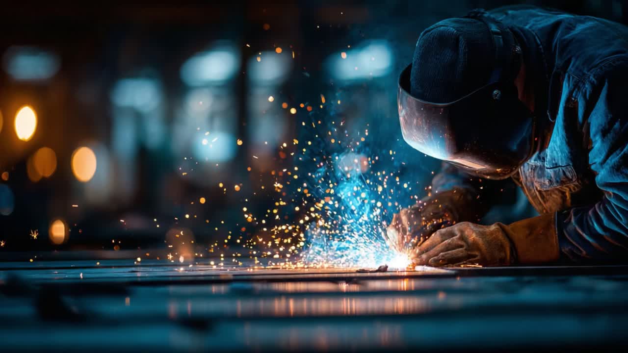 A skilled welder at work, immersed in the process of creating intricate metal joints, illuminating the shop floor with sparks and bright flashes of light, showcasing craftsmanship