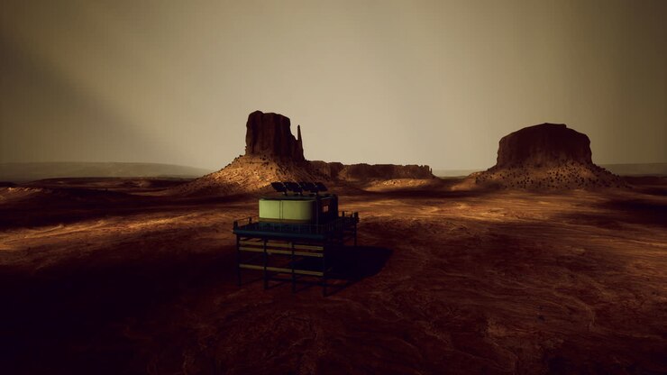 Futuristic habitat situated on a barren alien landscape with rock formations