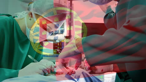 Animation-of-flag-of-portugal-waving-over-surgeons-in-operating-theatre