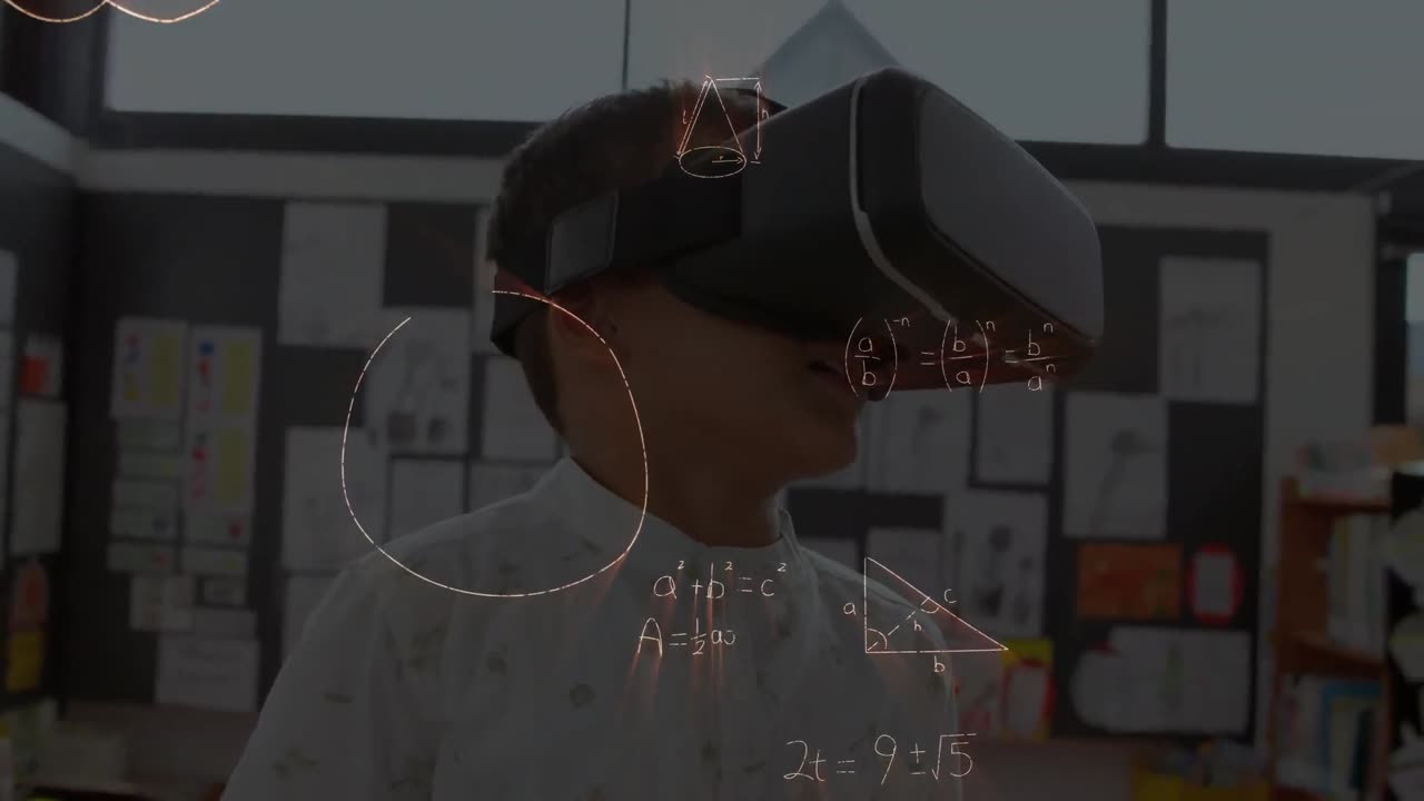 Animation of mathematical formulas over schoolboy using vr headset