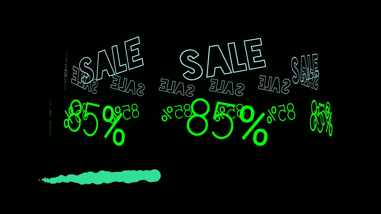 Flash sale neon sign animation fluorescent light glowing banner black background. sale 85% OFF running text neon lights signboard at night using as store sign or restaurant.4k video