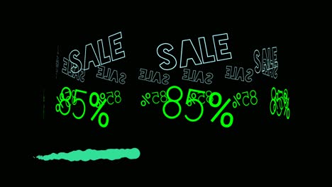 flash sale neon sign animation fluorescent light glowing banner black background. sale 85% off running text neon lights signboard at night using as store sign or restaurant.4k video