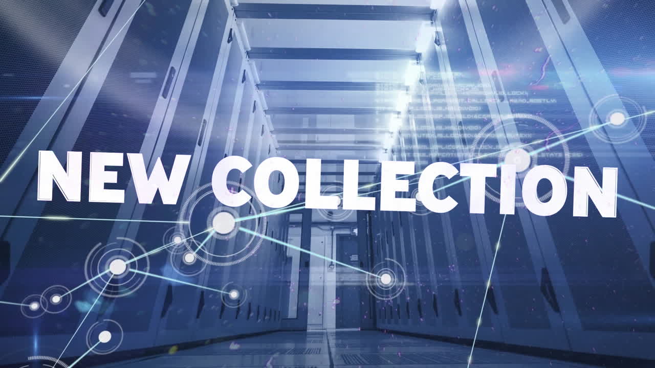 새로운 컬렉션 텍스트 배너와 컴퓨터 서버 에 대한 연결 네트워크의 애니메이션