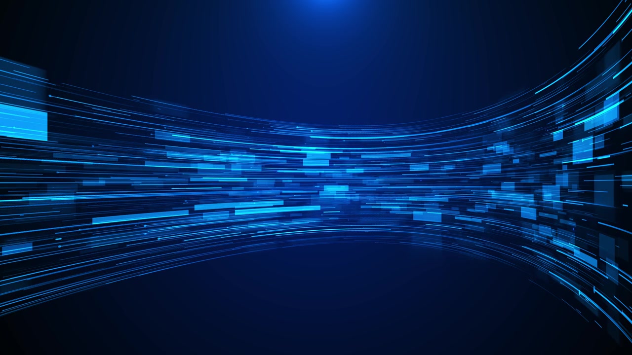 Blue digital data stream background with fast cyan lines glowing blocks curved motion trails and