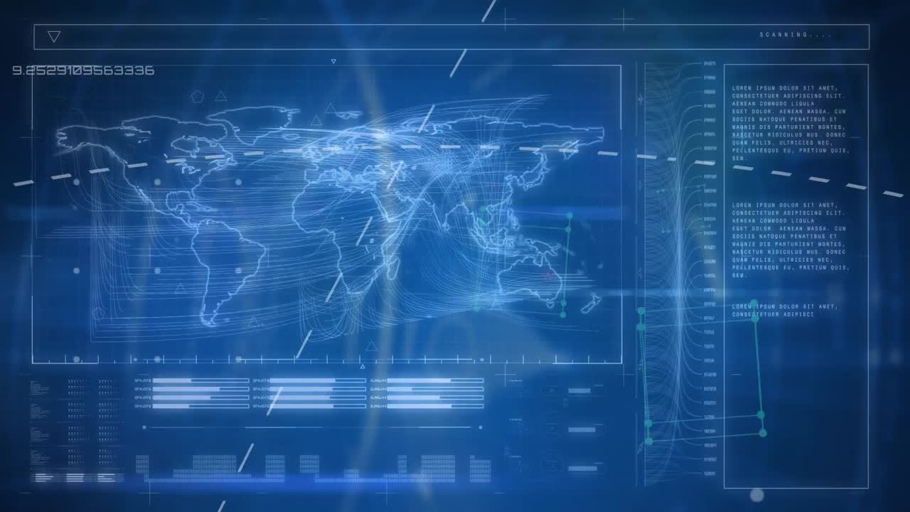 animación del procesamiento de datos y un mapa del mundo sobre fondo azul