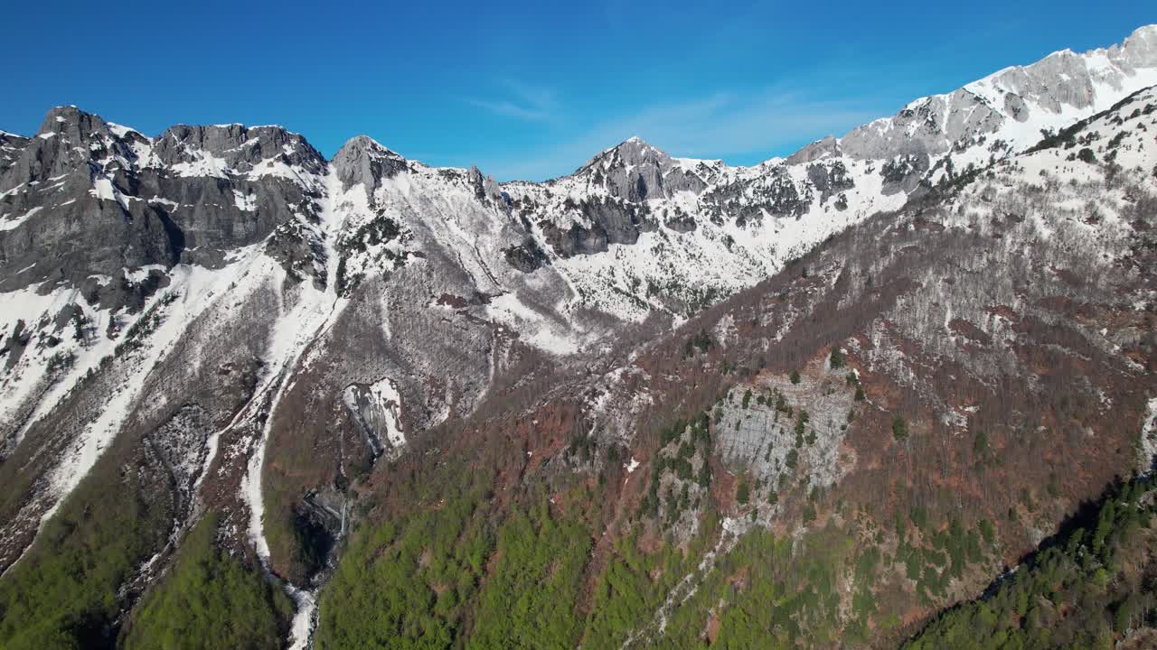 cordilleras de los alpes albaneses cubiertas de nieve en un soleado día de primavera bajo el cielo azul