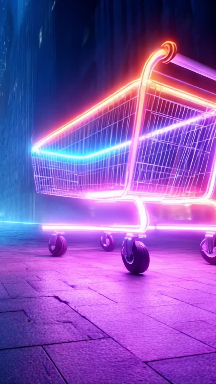 A Glowing Neon Shopping Cart in a Futuristic Cityscape Surrounded by Glimmering Lights, Creating a Vibrant and Dynamic Urban Atmosphere at Night