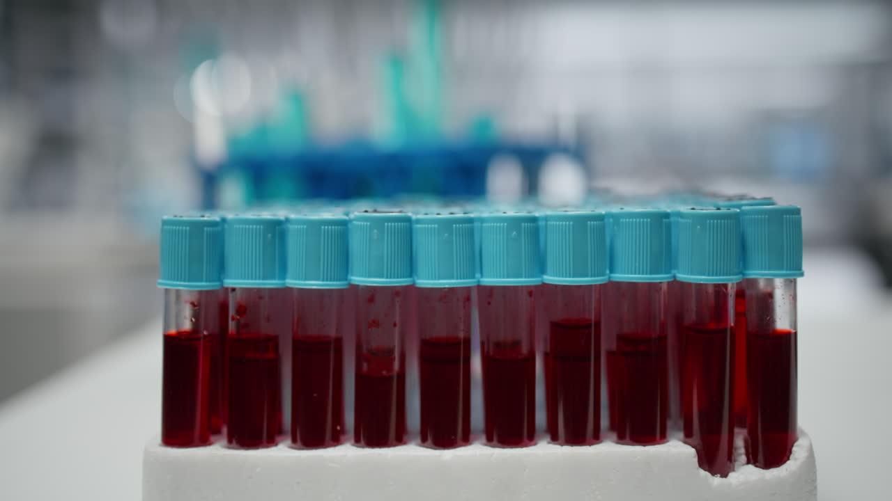 Close up of small glass flasks containing red blood samples on lab workbench