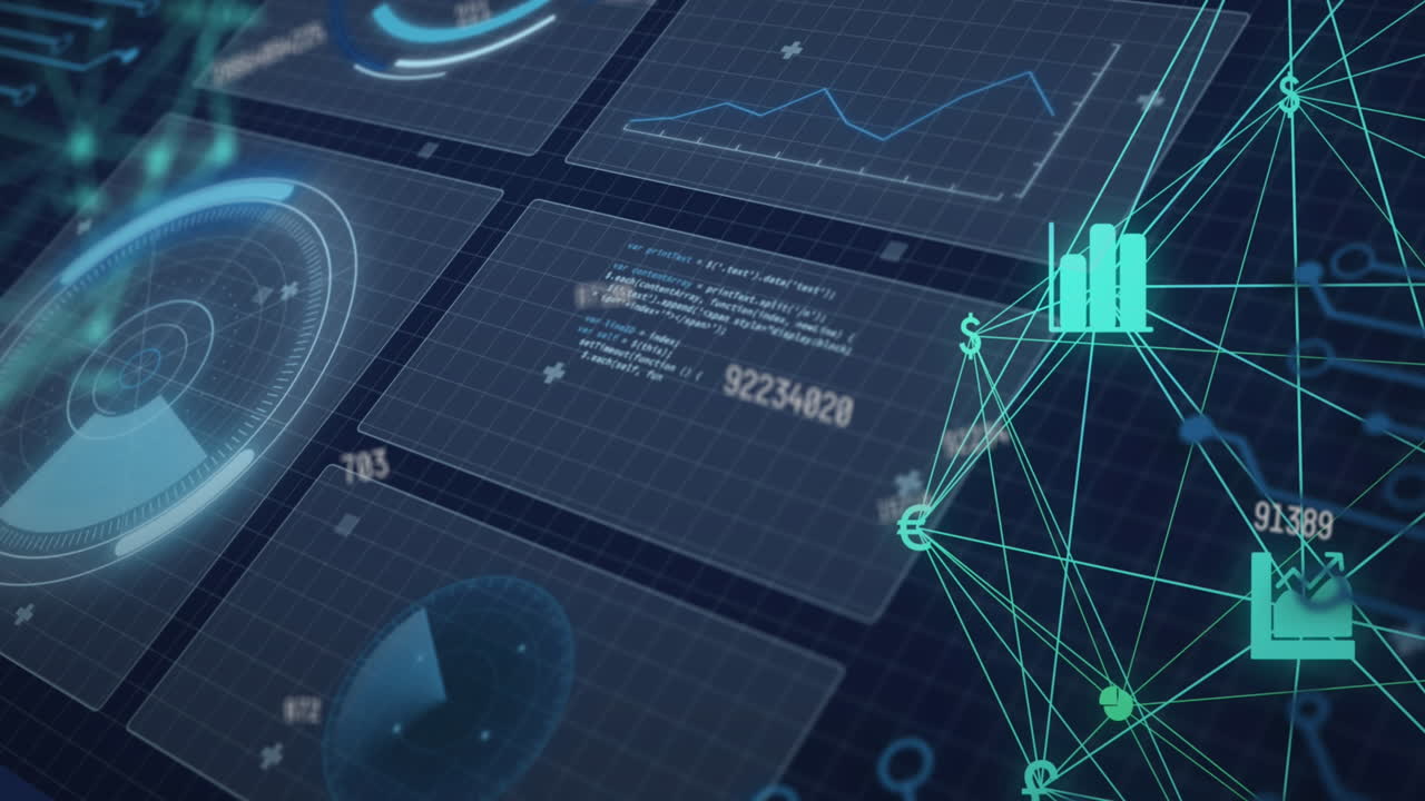 animación de números cambiantes y puntos conectados que forman un globo contra gráficos y lenguaje informático