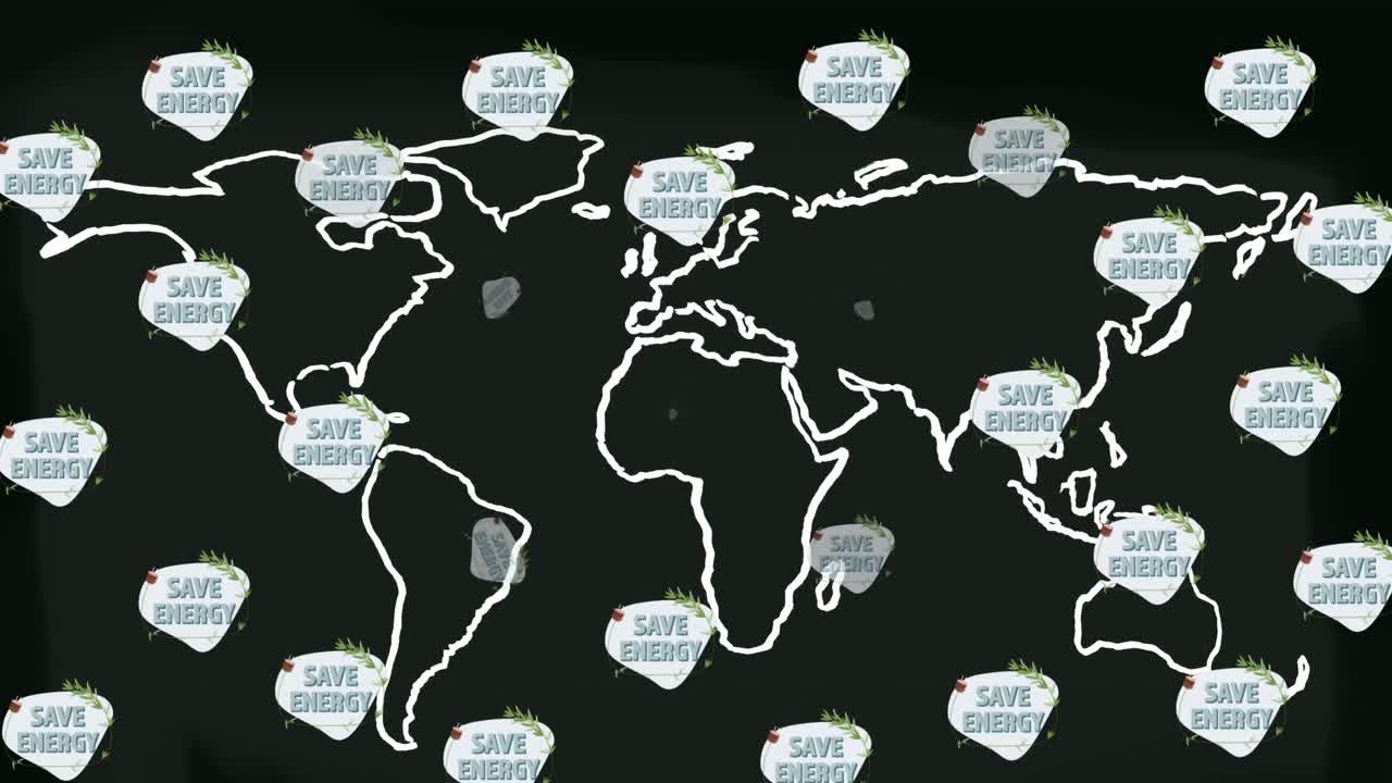 검은색 배경의 세계 지도 위에 save planet 글과 나무의 애니메이션