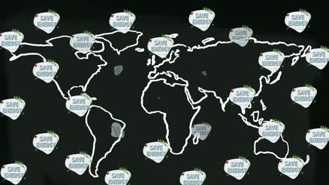 animación de los escritos de salvar el planeta y los árboles sobre el mapa del mundo sobre fondo negro