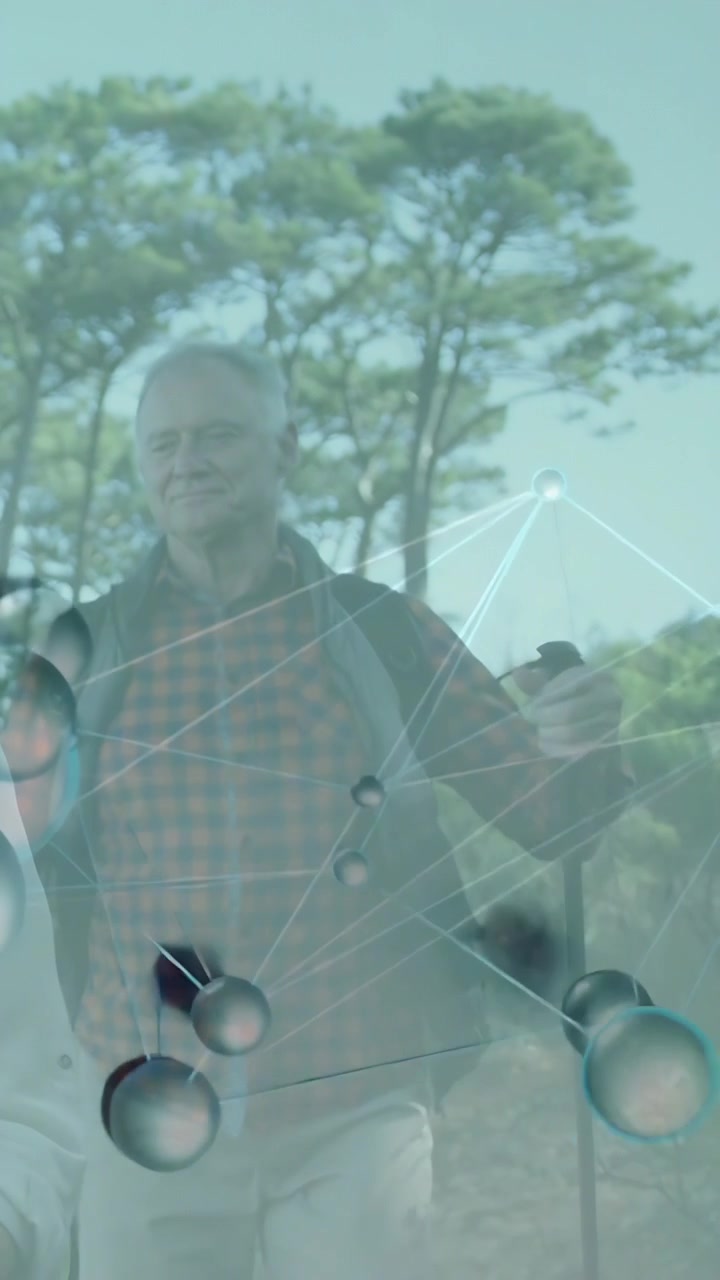 Vertical video: Senior male hiker walking on trail, causing tech node overlay shifting for leisure