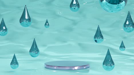 round stage, pedestal, podium and glass drops on blue water background. mock up for advertisement cosmetic products and beverages. moisturize concept. 3d animation.