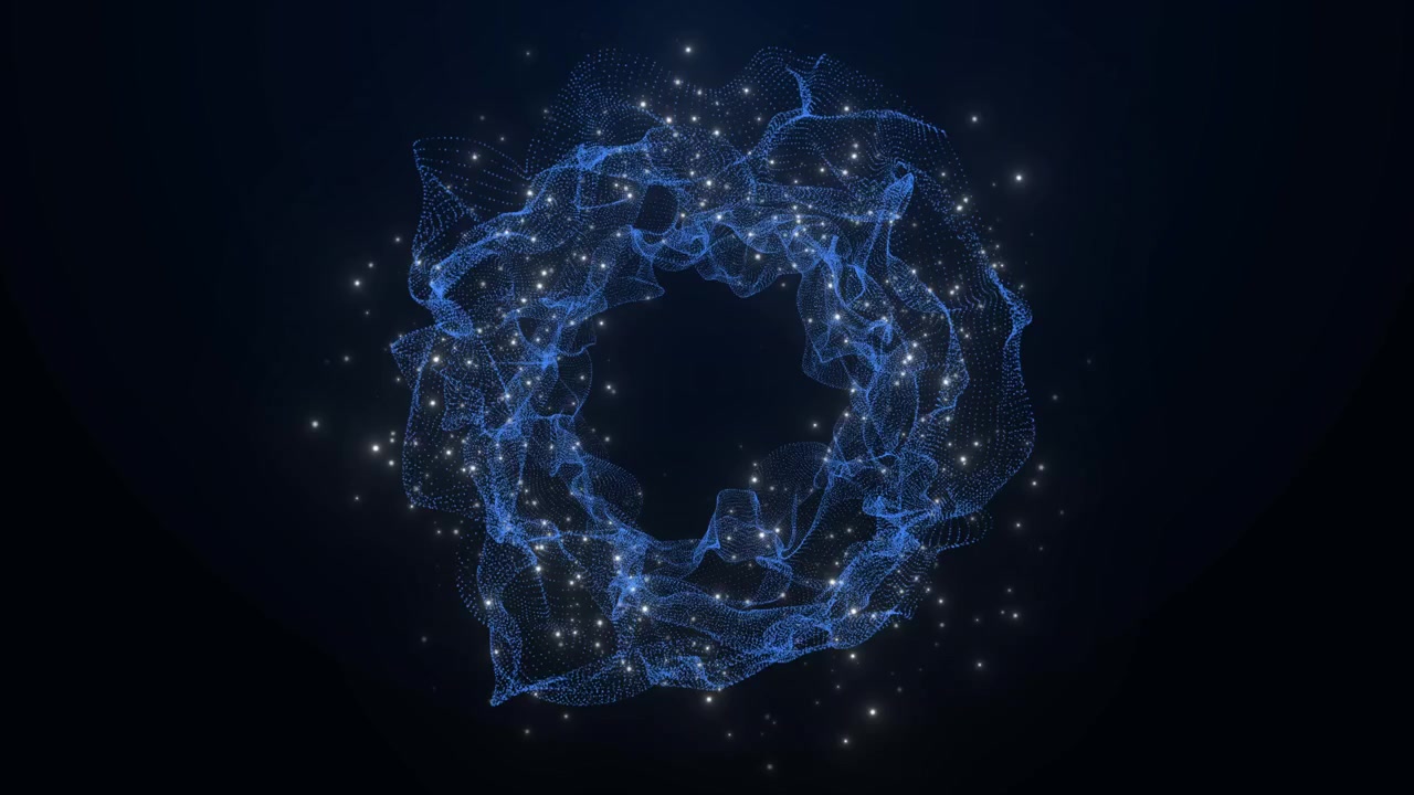 Abstract Blue Digital Particle Ring Rotating on Dark Background