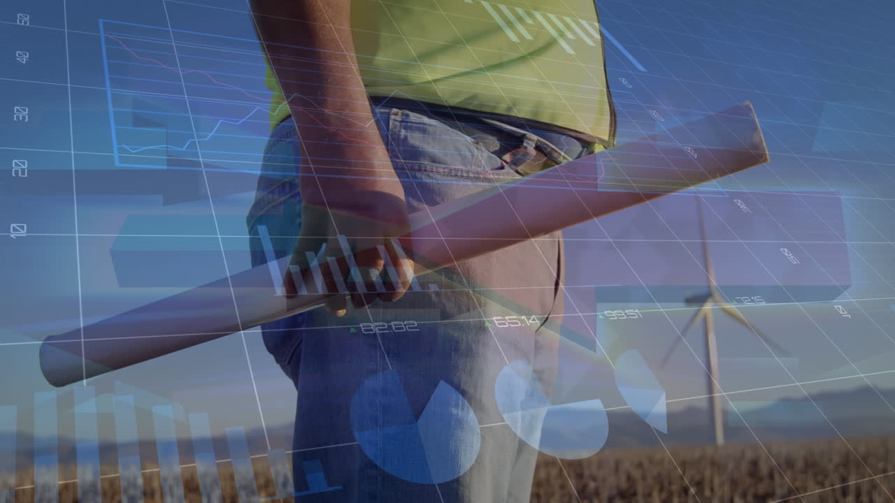 animación de gráficos sobre la sección media del ingeniero biracial y la turbina eólica