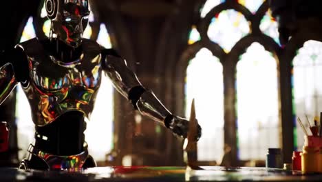 a futuristic robot artist showcases its creative talents, skillfully blending colors and form in a stunningly lit gothic environment, capturing the essence of innovation with each brushstroke