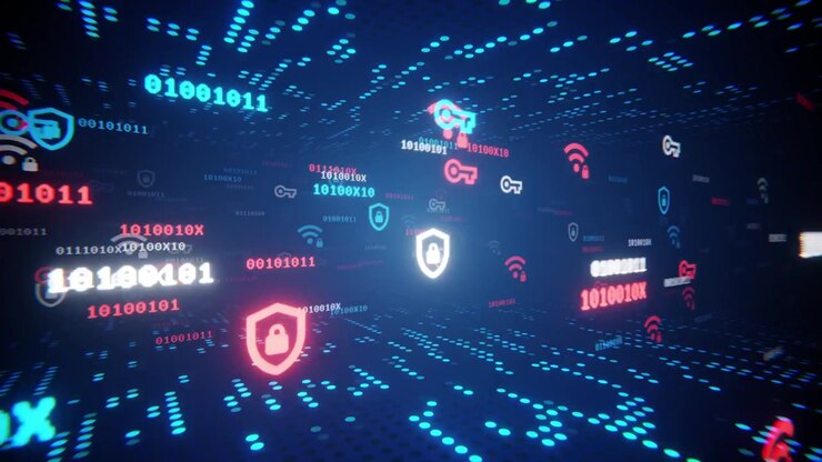 Digital Cyber Security Concept with Floating Data Icons and Binary Code
