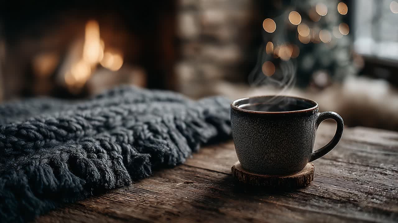 A Cozy Scene: A Warm Cup of Coffee Exudes Steam by the Fireplace, Surrounded by a Soft Blanket and Gentle Glow of Ambient Lights in a Rustic Setting
