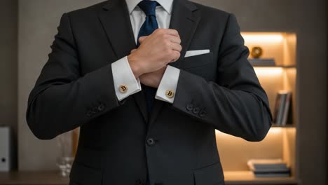 a stylish man in a tailored suit adjusts his cufflinks, showcasing elegance and sophistication in a modern setting with warm lighting