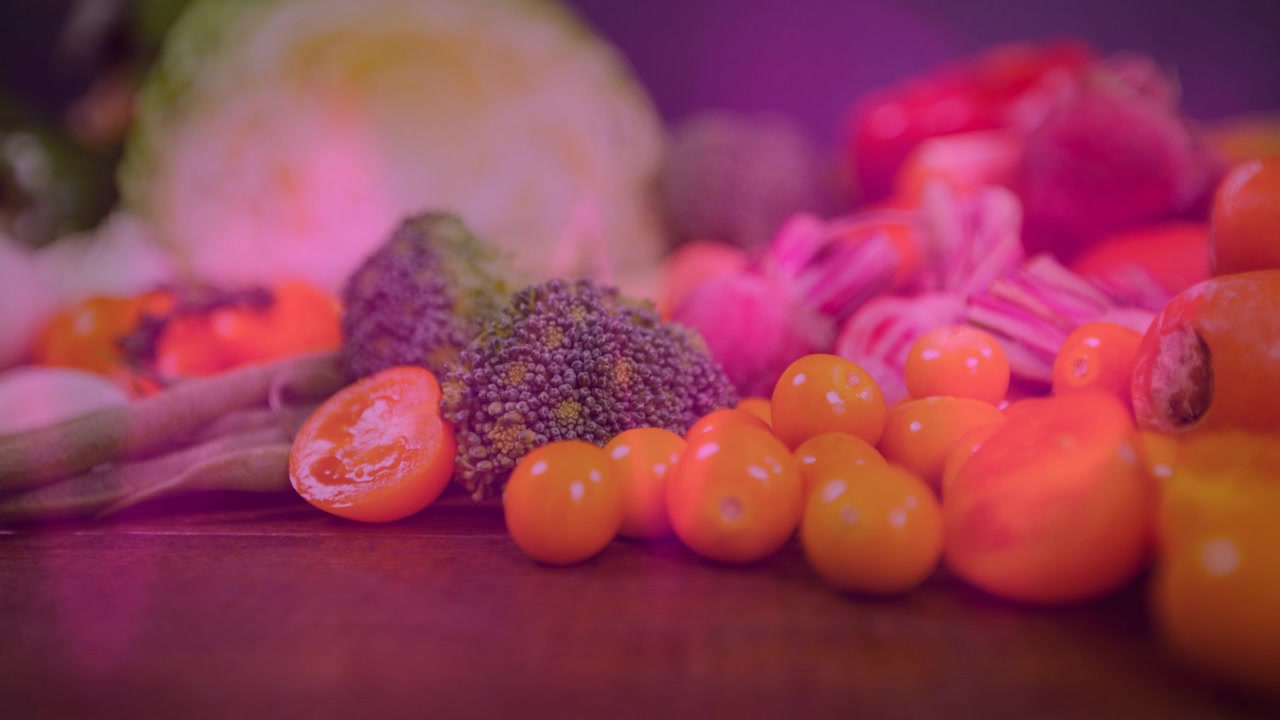 LED lights shifting magenta wash across board showing cherry tomatoes and broccoli for food ads