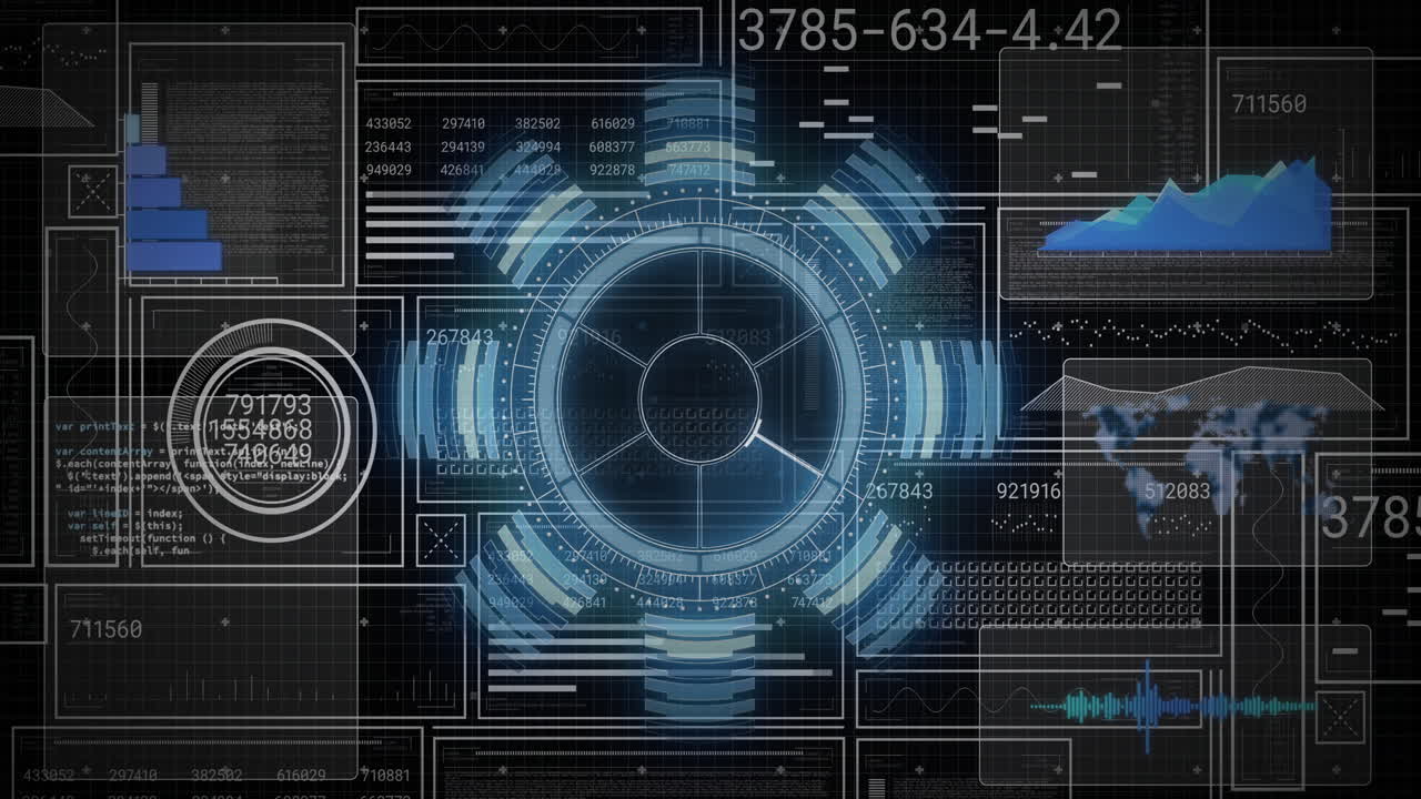 Displaying animation, futuristic digital interface with complex data and graphs in blue
