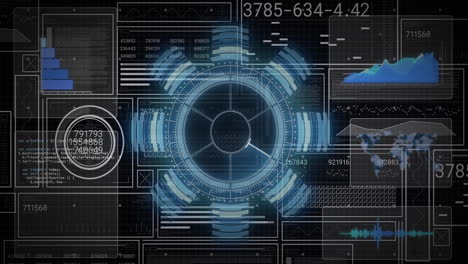 displaying animation, futuristic digital interface with complex data and graphs in blue
