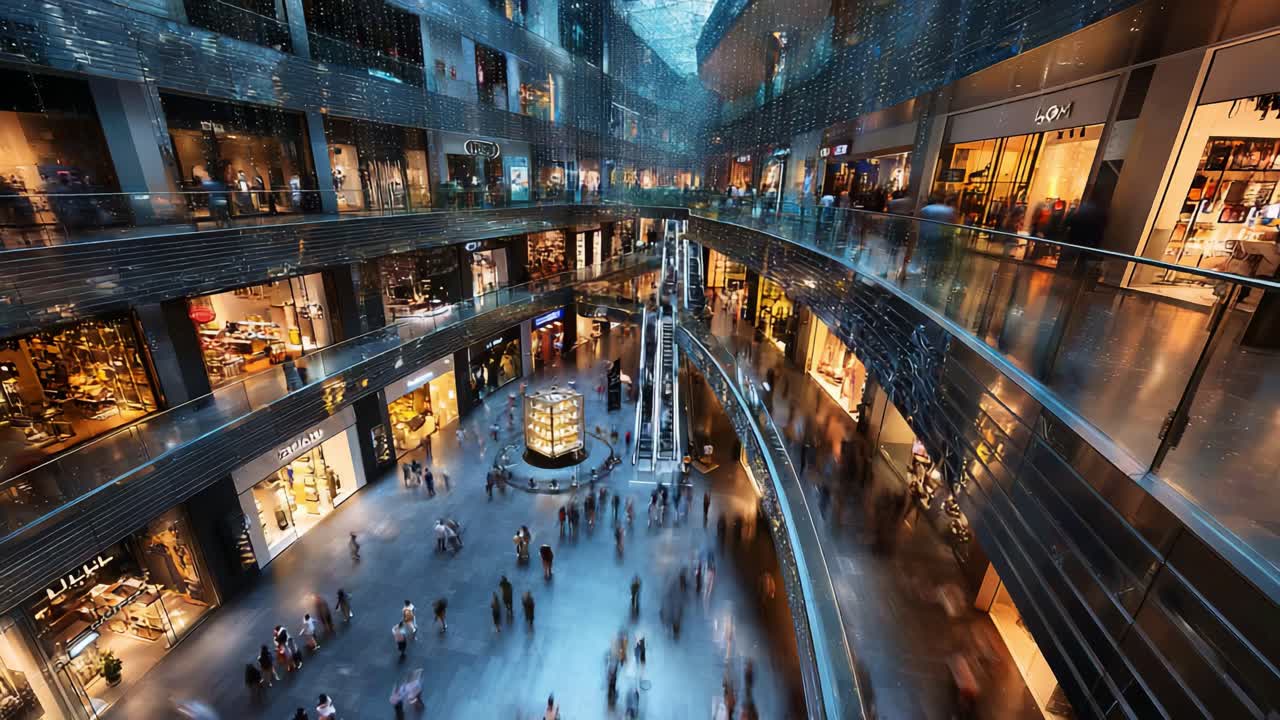 A bustling and vibrant shopping mall interior featuring multiple levels, illuminated storefronts, and a central feature that showcases the lively atmosphere of shoppers and visitors