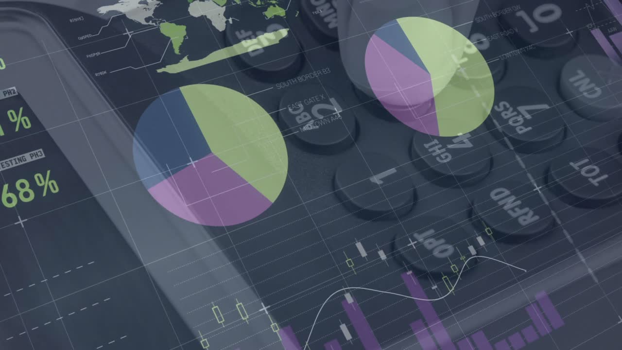 animación de gráficos y datos financieros sobre la mano de un hombre caucásico que posee un terminal de pago