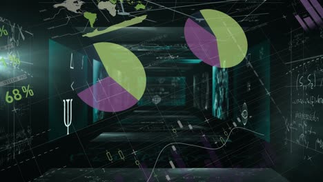 ecuaciones matemáticas flotantes contra el procesamiento de datos estadísticos contra un fondo negro