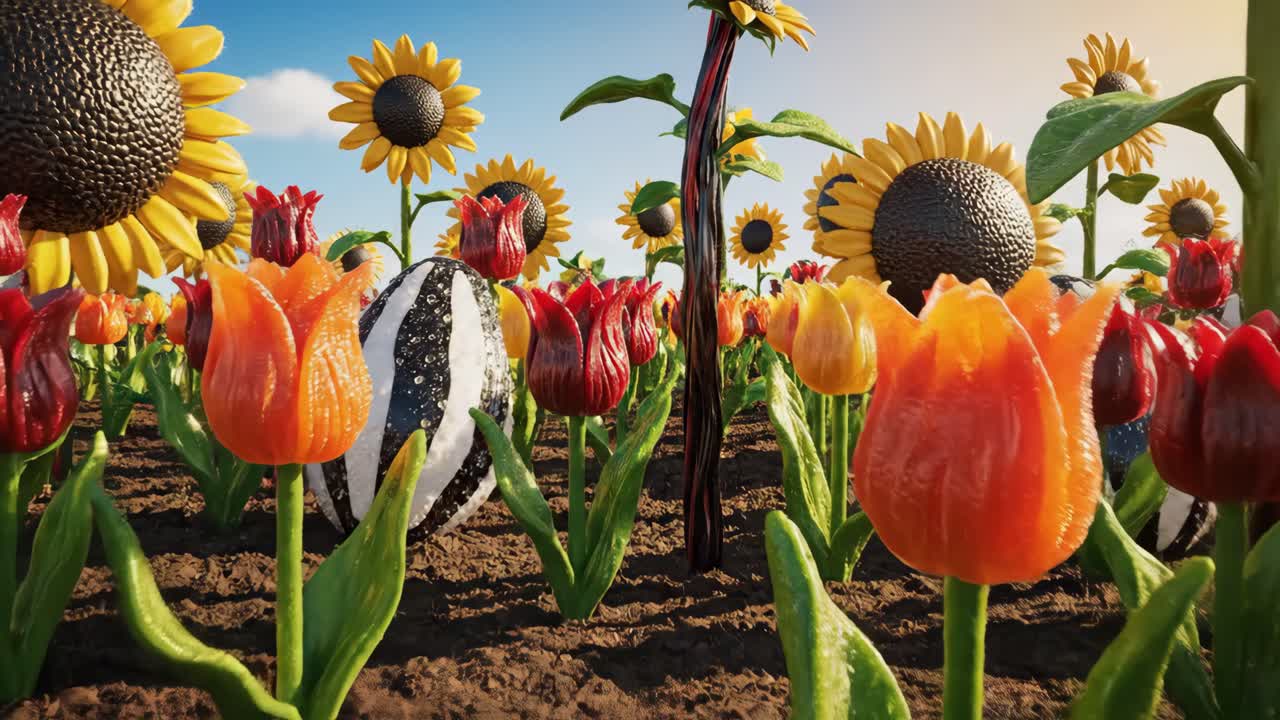 Tulips and Sunflowers in a Garden