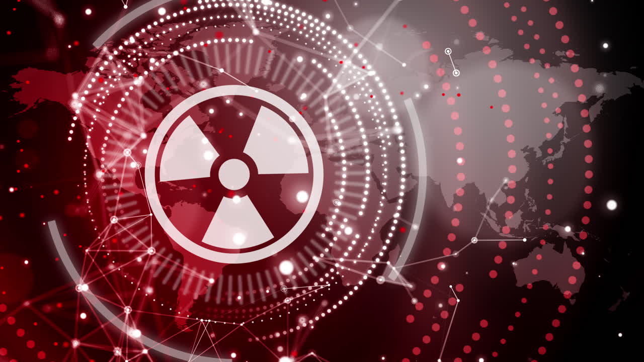 Red warning abstract background with nuclear danger icon. Looped animation of motion dots in circle with world map.