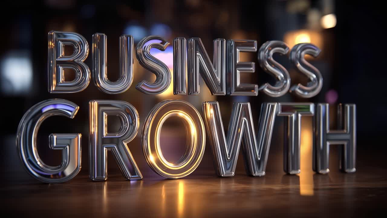 Metal letters spell business growth. Shiny, reflective, bold, and commanding. Placed on a polished wooden surface. Soft bokeh lights glow behind. Confident tone suggests progress and ambition