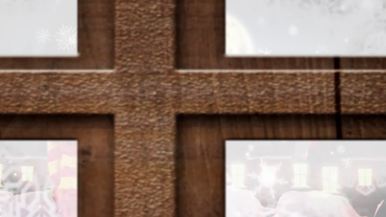 여자 손을 흔들고 산타클로스가 사 ⁇ 과 함께 겨울 풍경 위의 크리스마스 트리의 애니메이션