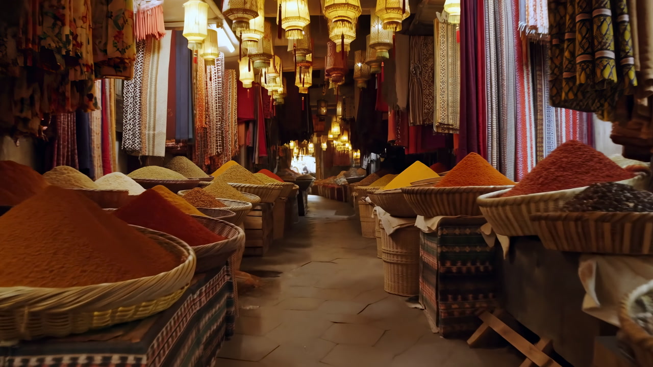 Vibrant Spice Market Aisle With Baskets, Piles Of Colorful Powders, Hanging Brass Lanterns, Woven Textiles
