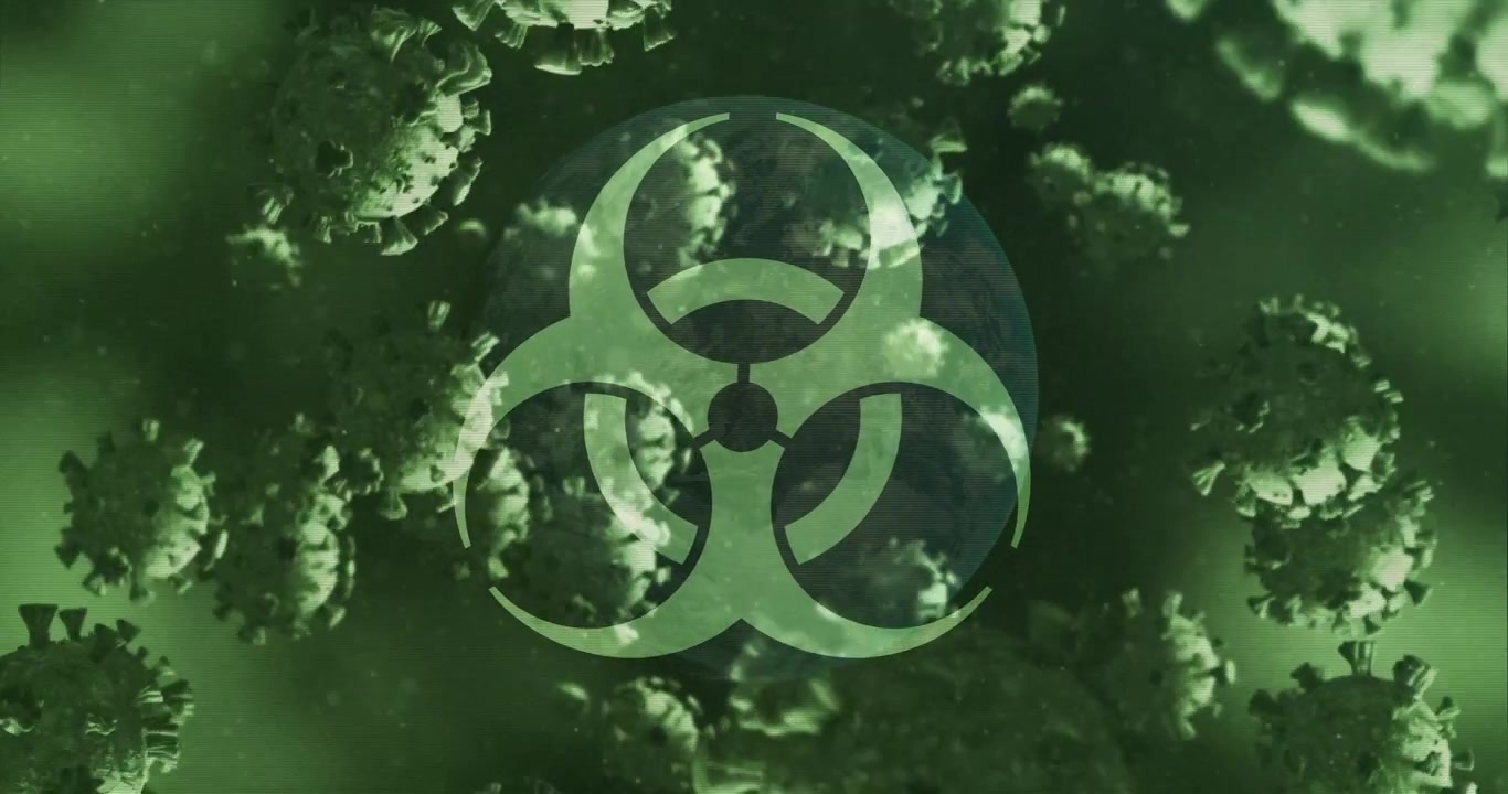 La pause de la caméra provoque un amas viral en rotation exposant une superposition de globe et un avertissement de danger biologique pulsant